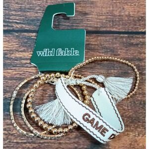 Wild Fable Game Day Bracelet Set Gold Tone Beaded Rhinestone Tassel Cream 5pc